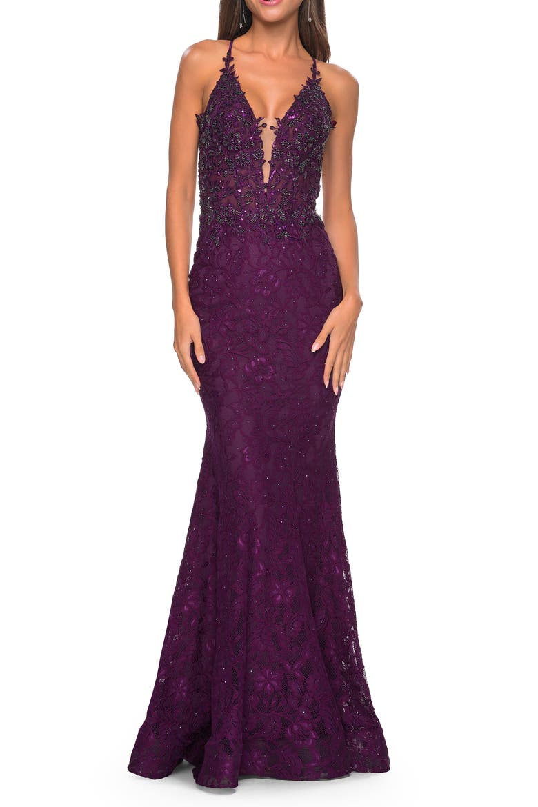 Exquisite Mermaid Lace Gown with Beaded Sheer Bodice, Main, color, Dark Berry