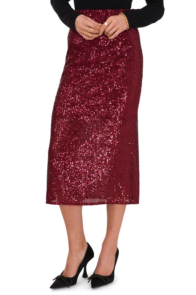 Sequin Slit Hem Midi Skirt, Main, color, DARK WINE