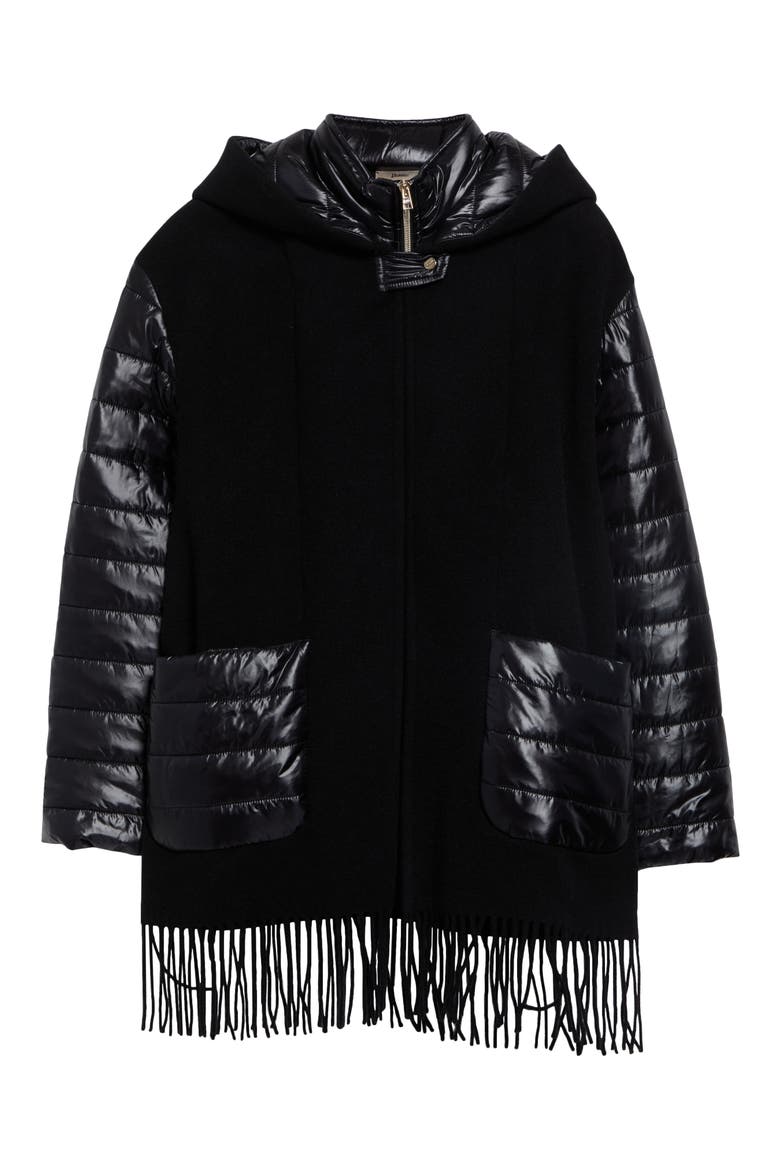 Fringe Wool & Cashmere Poncho Jacket with Quilted Nylon Bib Inset, Main, color, 9300 BLACK