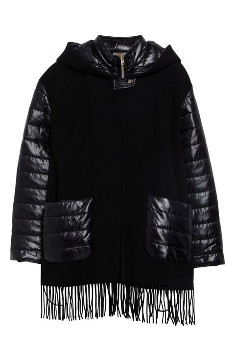 Fringe Wool & Cashmere Poncho Jacket with Quilted Nylon Bib Inset