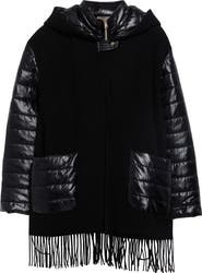 Herno Fringe Wool & Cashmere Poncho Jacket with Quilted Nylon Bib Inset