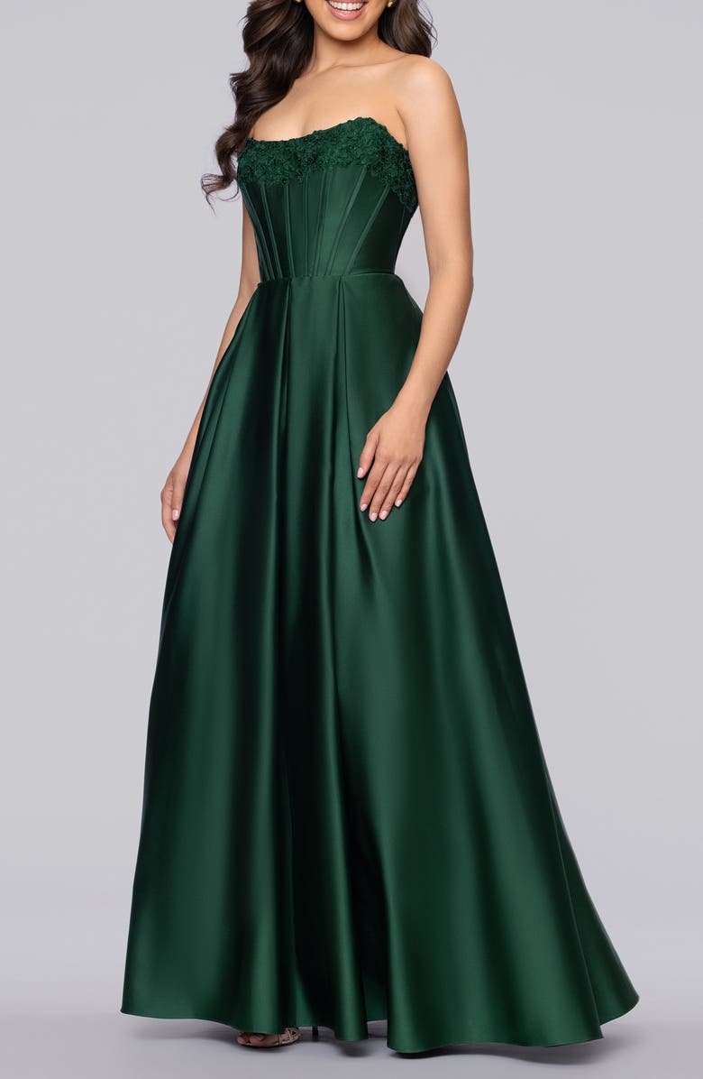 Blondie Nites Lam Corset Strapless Satin Gown, Alternate, color,