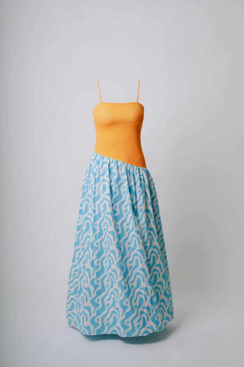 Bubble Midi Dress, Alternate, color, Blue and Orange