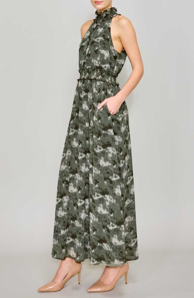 MELLODAY Printed Mock Neck Chiffon Maxi Dress, Alternate, color, Khaki Charcoal Multi