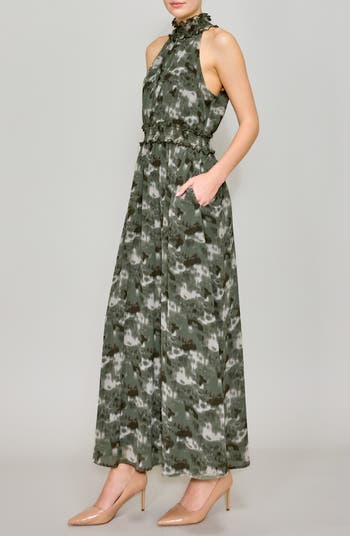 Printed Mock Neck Chiffon Maxi Dress