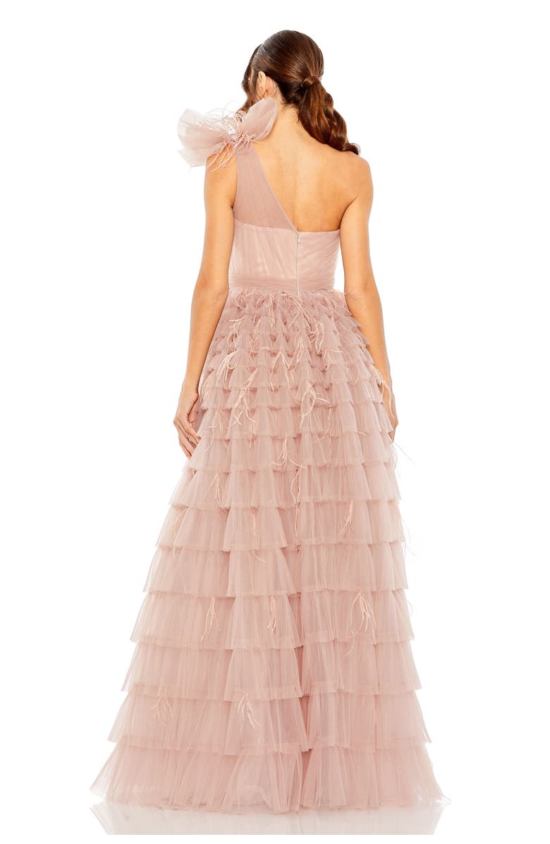 Mac Duggal One Shoulder Faux Bow Feather Tiered A Line Gown, Alternate, color, Dusty Rose