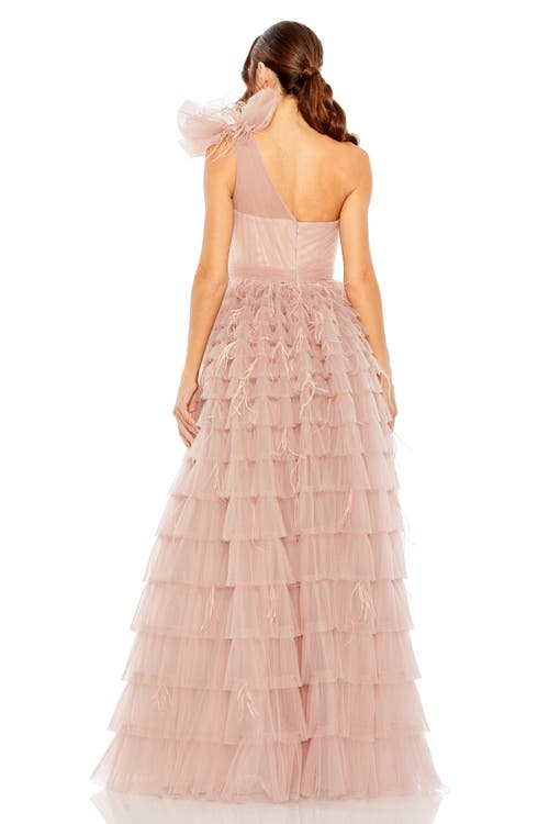 Mac Duggal One Shoulder Faux Bow Feather Tiered A Line Gown In Dusty Rose