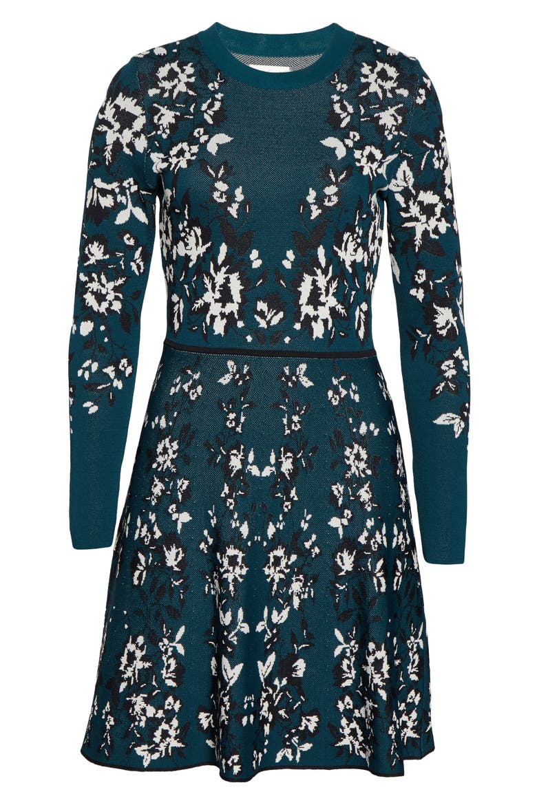 Floral Long Sleeve Fit & Flare Sweater Dress, Alternate, color, GREEN