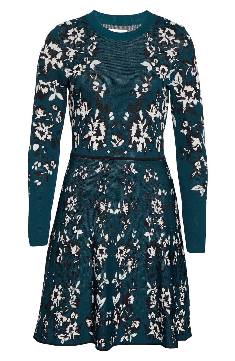 Eliza J Floral Long Sleeve Fit & Flare Sweater Dress, Alternate, color, 