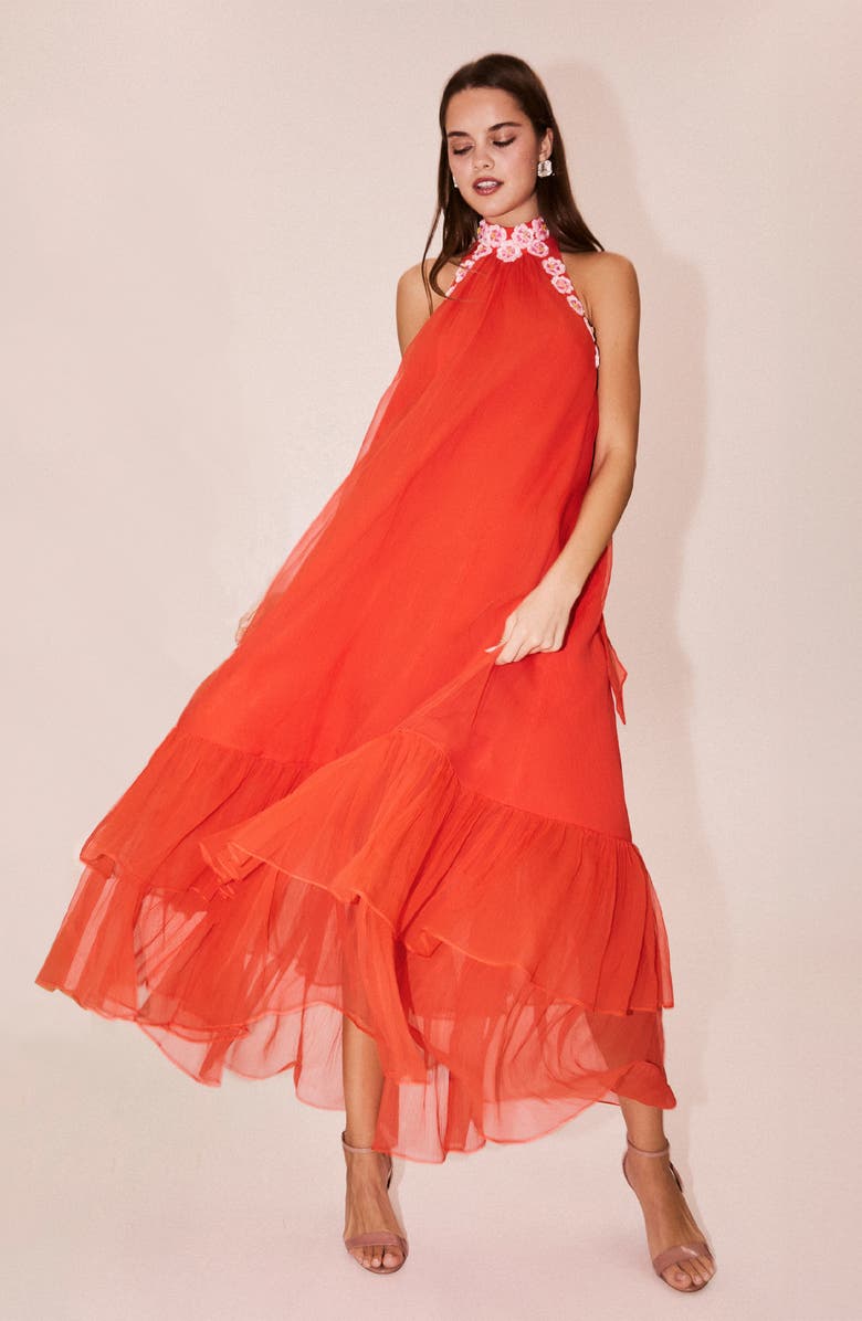 HELSI Romy Floral Appliqué Tiered Crinkle Chiffon Halter Dress, Alternate, color, Persimmon