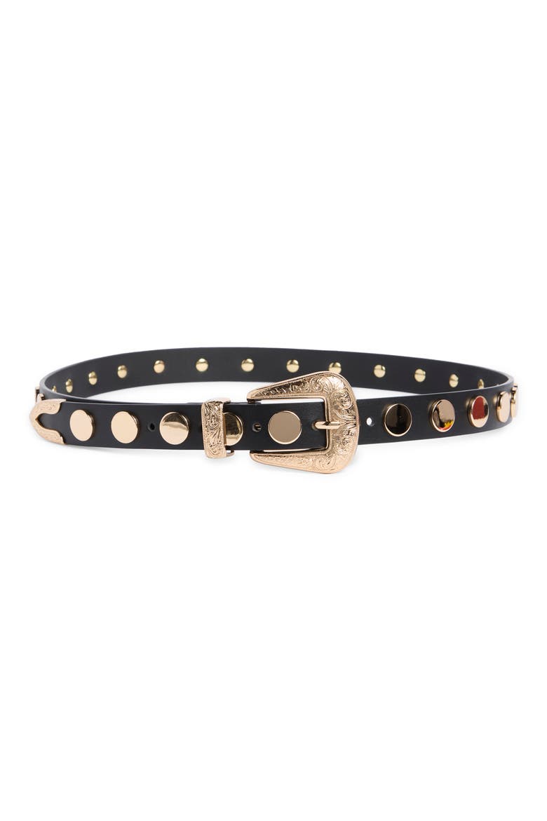 Western Buckle Studded Faux Leather Belt, Main, color, BLACK