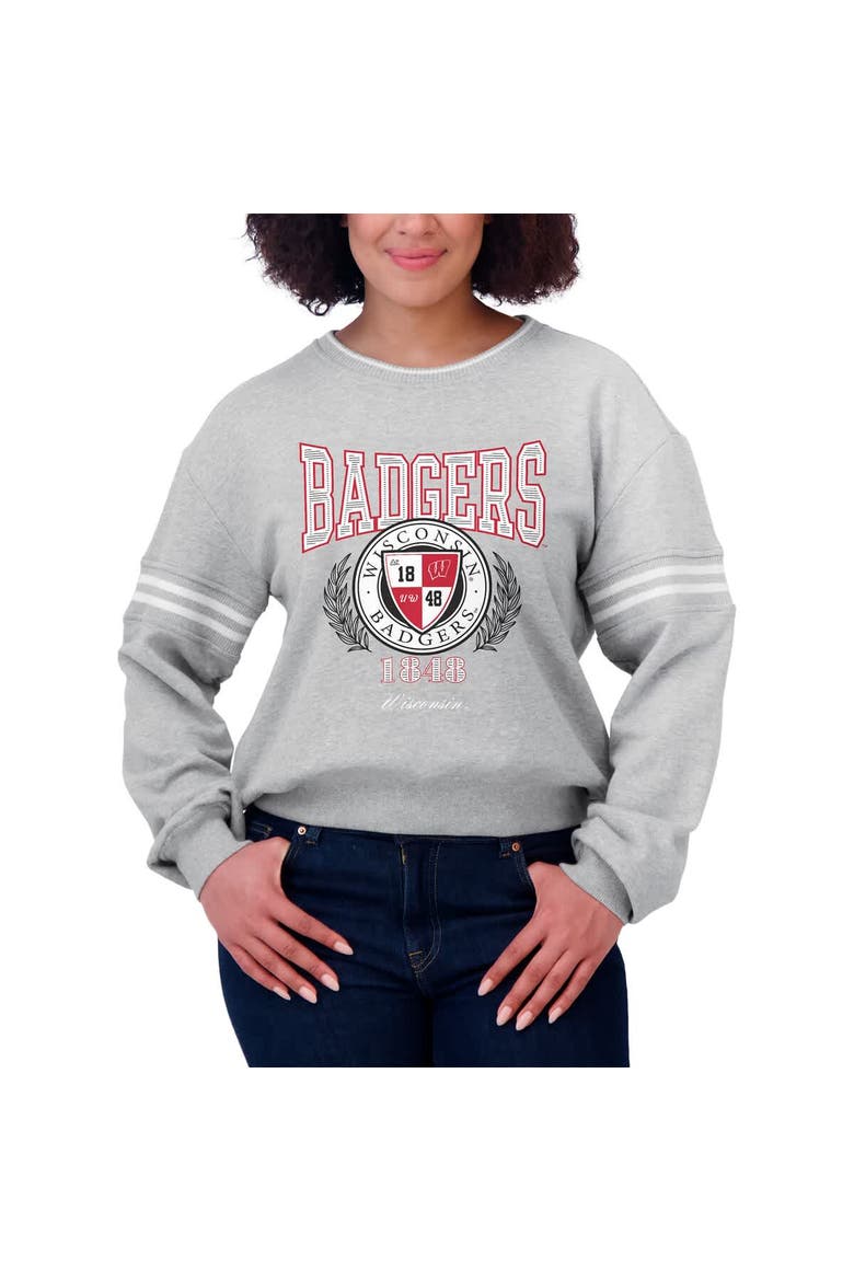 Women's WEAR by Erin Andrews Heather Gray Wisconsin Badgers Classic Stripe Pullover Sweater, Alternate, color, Heather Gray