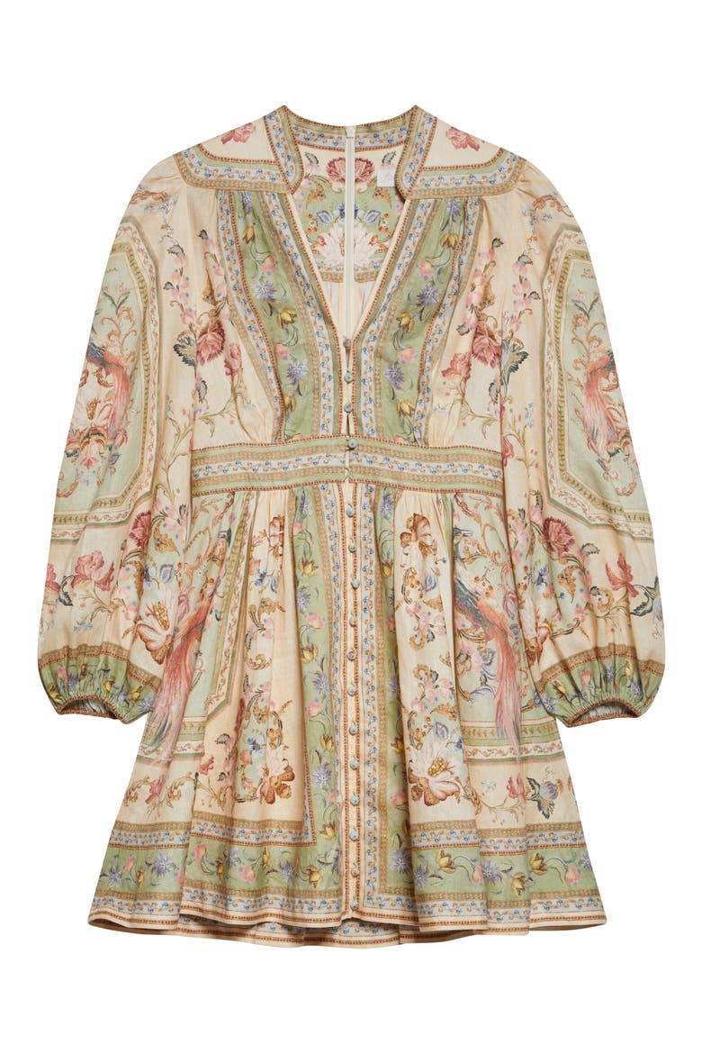 Roselight Print Long Sleeve Linen Minidress, Alternate, color, SAGE TAPESTRY FLORAL