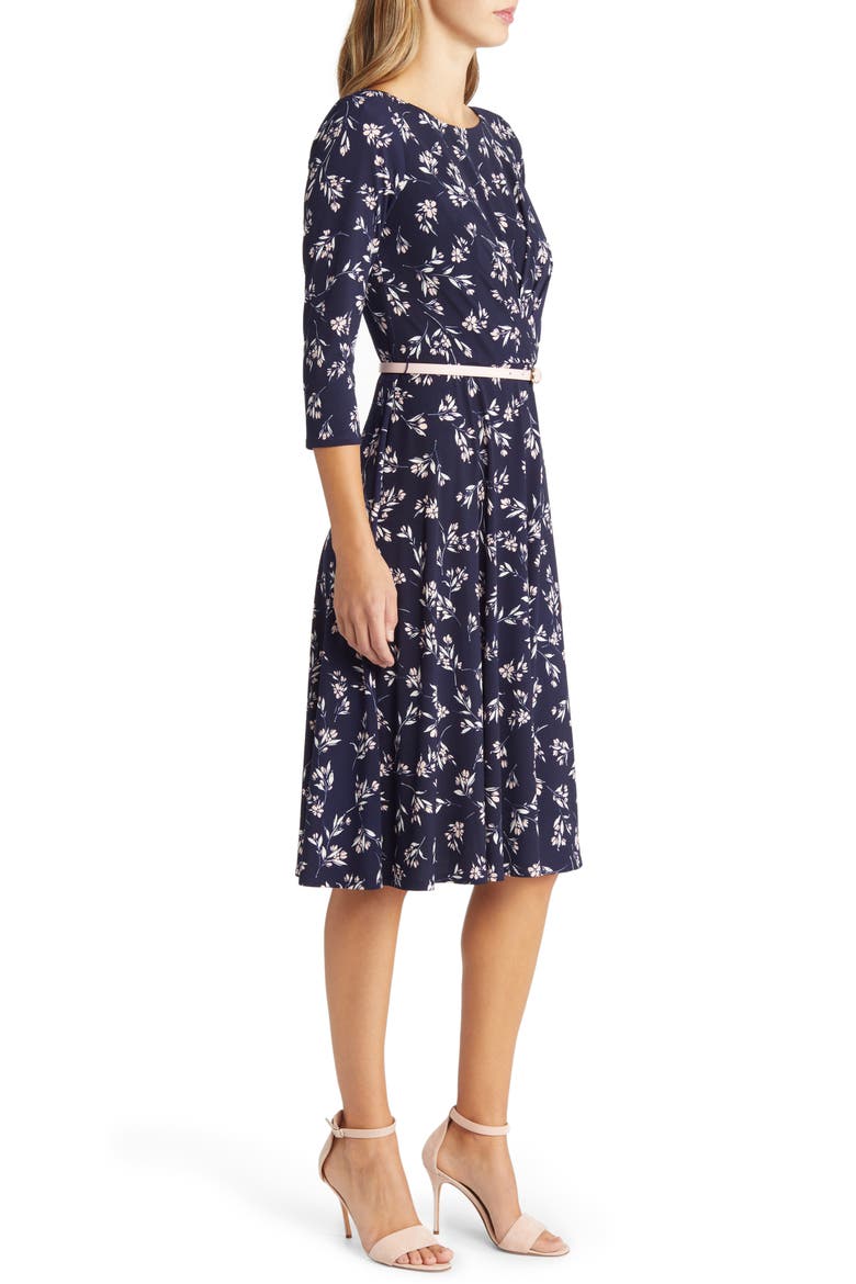 Pleated Floral Print Belted Dress, Alternate, color, NAVY