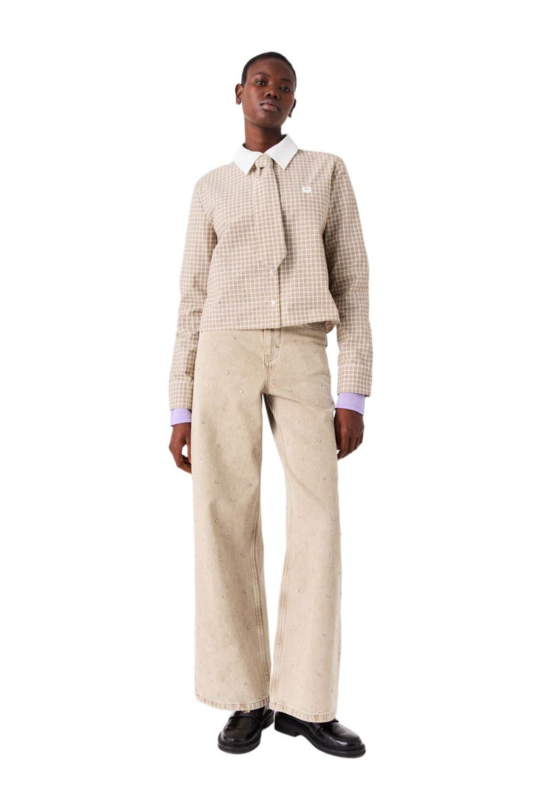 Short rhinestone checked shirt, Alternate, color, Beige