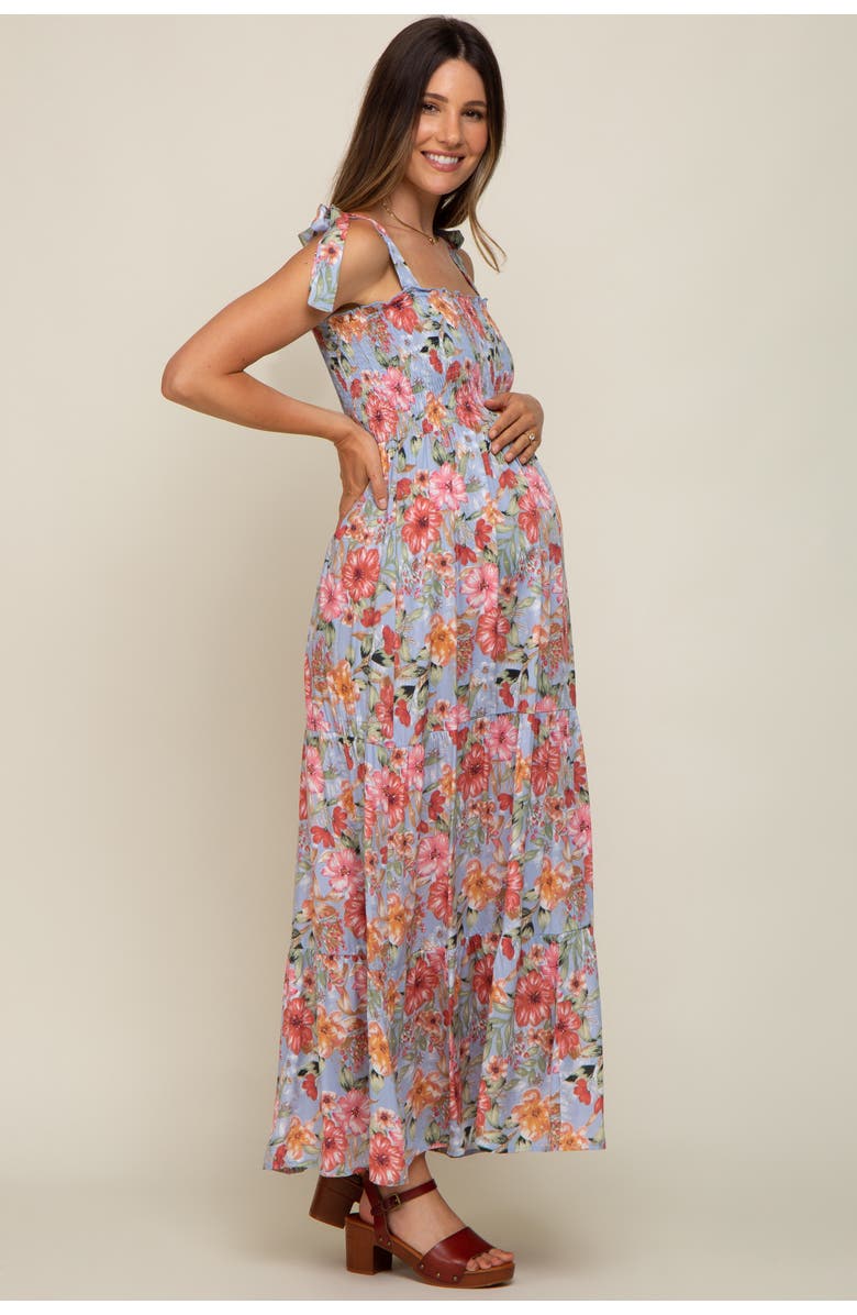 PinkBlush Floral Smocked Shoulder Tie Tiered Maxi Dress, Alternate, color, Light Blue