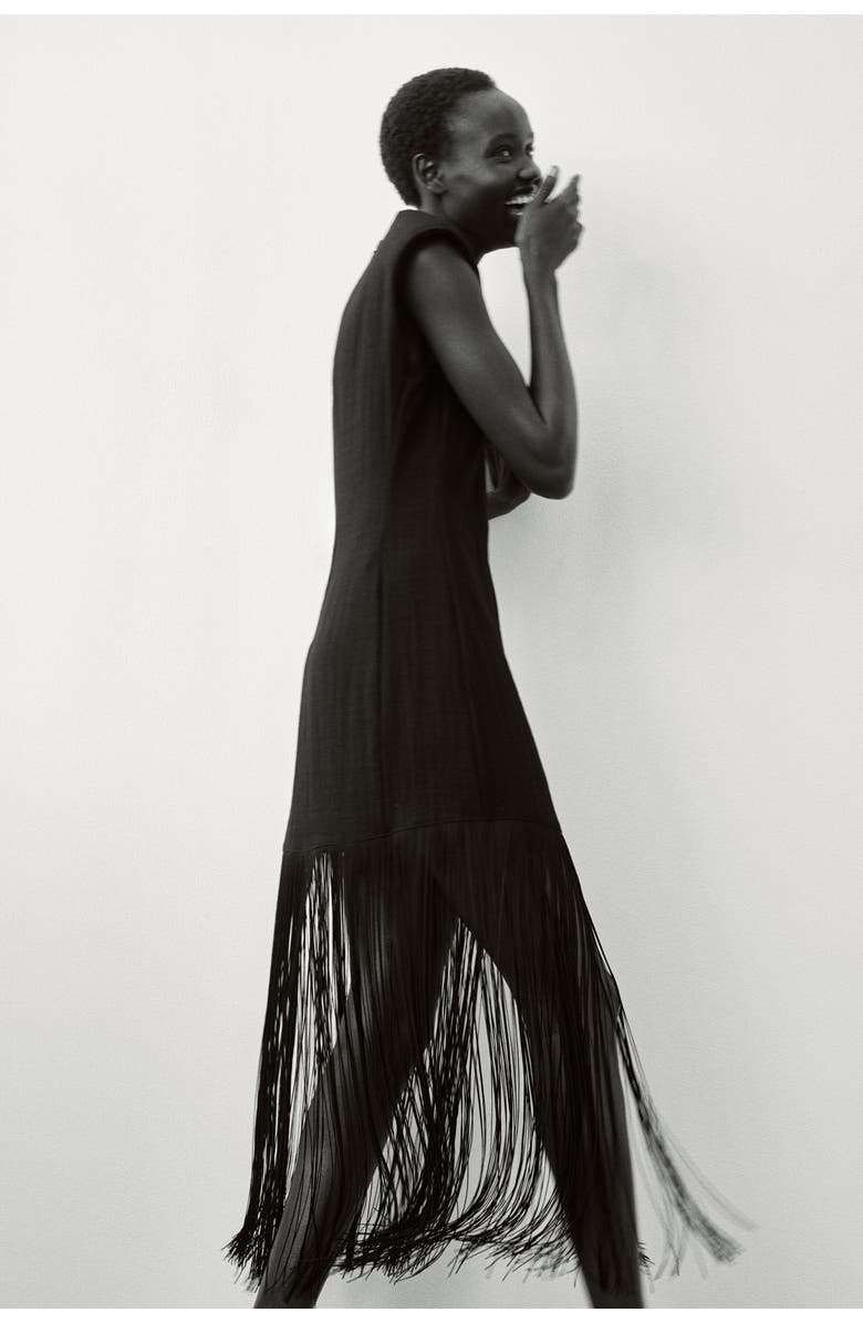 H&M Fringed dress with shoulder pads, Main, color, Black
