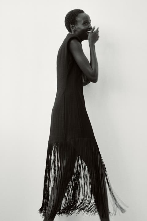 Fringed dress with shoulder pads