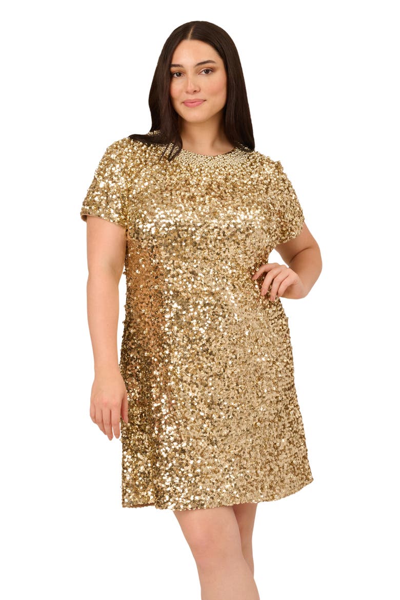 Beaded Short Sleeve Shift Cocktail Dress, Alternate, color, LIGHT GOLD
