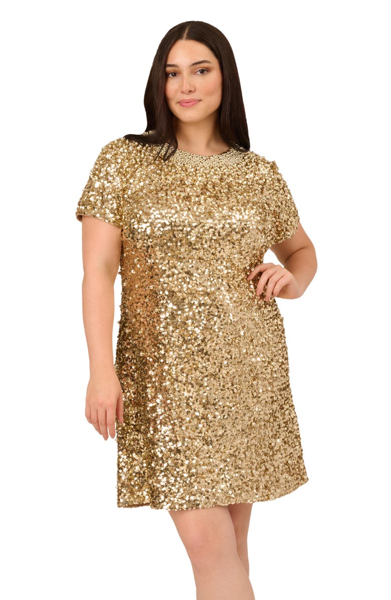 Adrianna Papell Beaded Short Sleeve Shift Cocktail Dress, Alternate, color, Light Gold