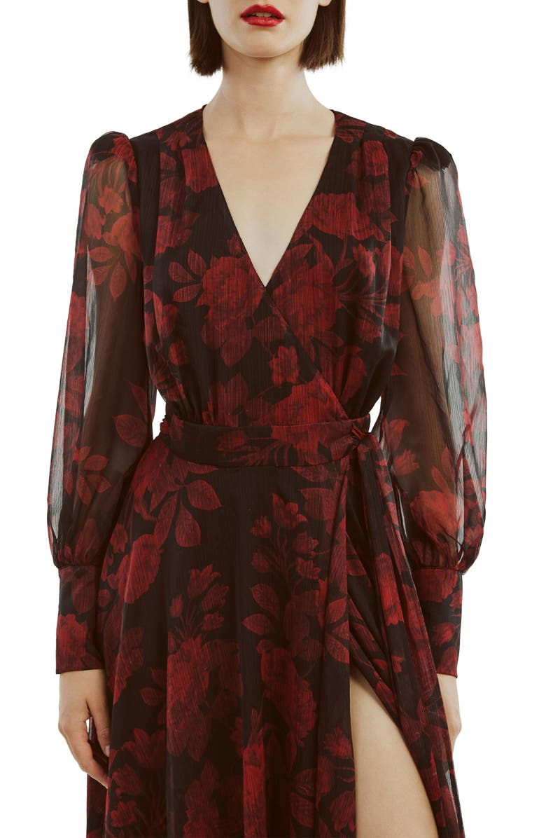 Bardot Lucianna Long Sleeve Maxi Wrap Dress, Alternate, color, Red Floral
