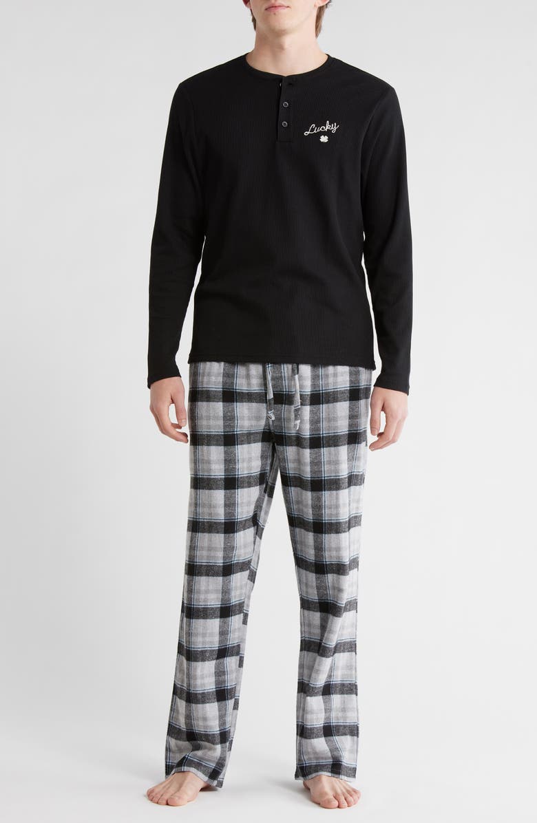 Lucky Brand Thermal Henley & Flannel Pajama Pants Set, Alternate, color, Jet Black/ December Sky Plaid