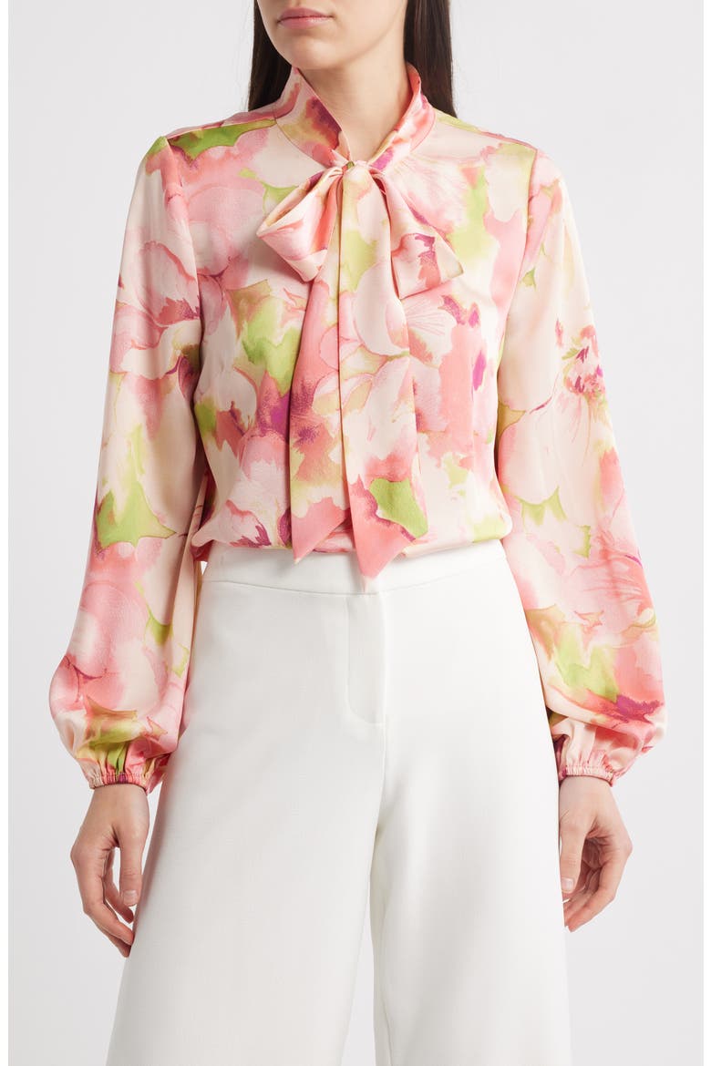 Floral Bow Neck Charmeuse Top, Main, color, PEACH WATERCOLOR