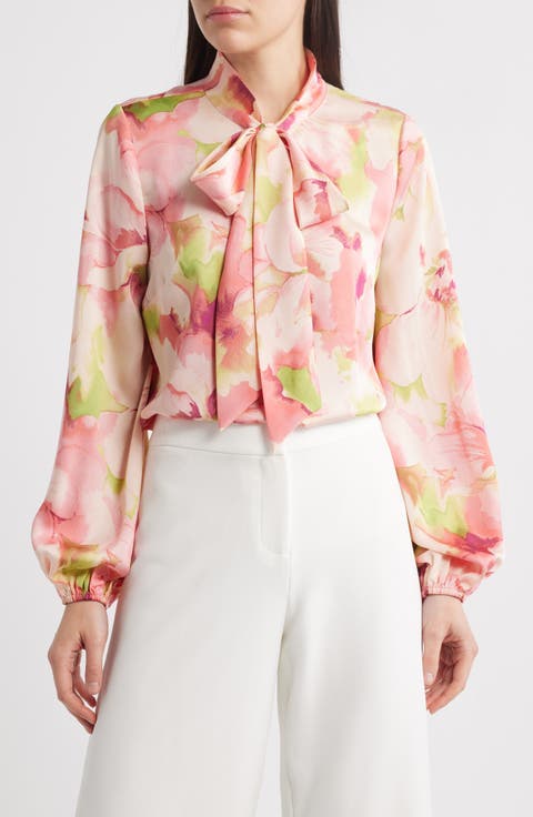 Floral Bow Neck Charmeuse Top