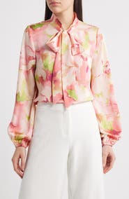 Tahari ASL Floral Bow Neck Charmeuse Top
