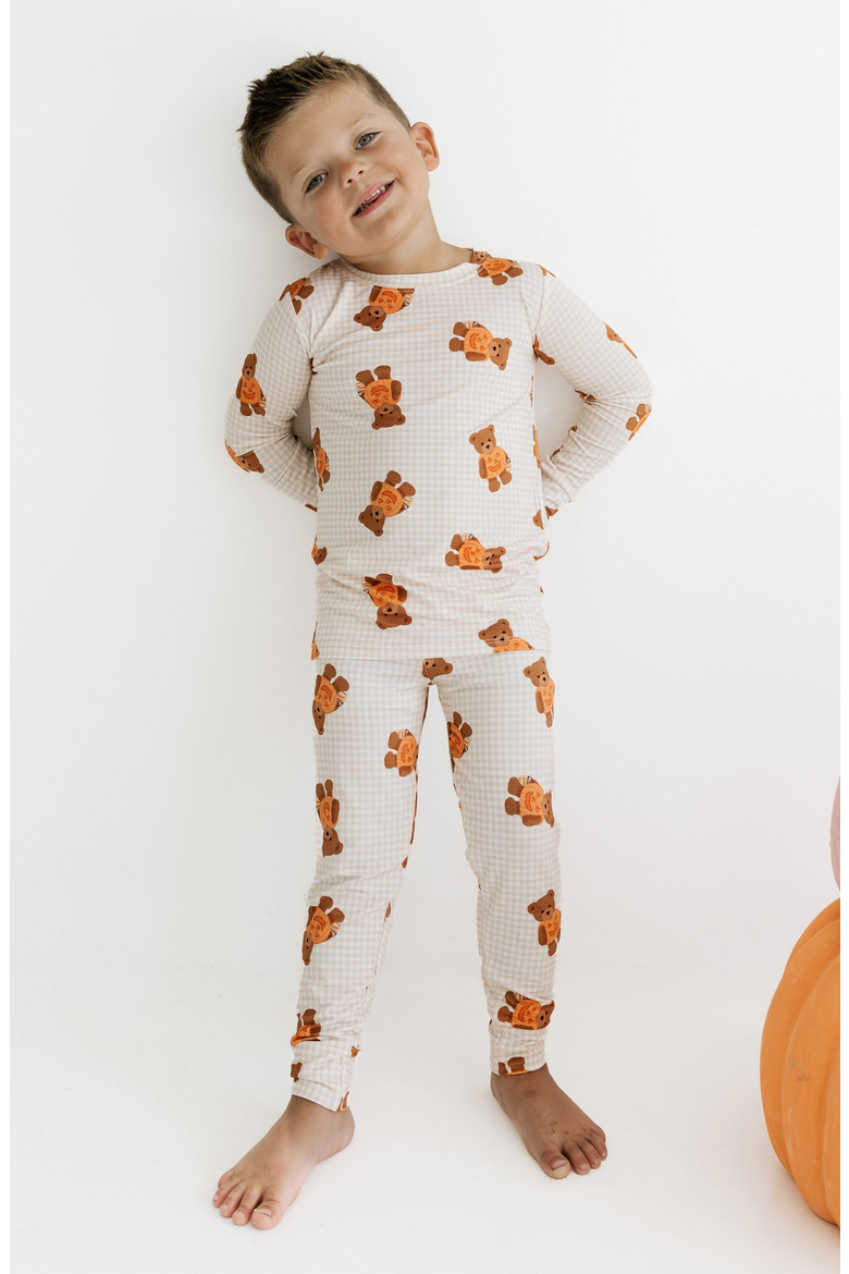 Gingham Little Boo Bear Two Piece Pajama Set, Alternate, color, Tan / Cream