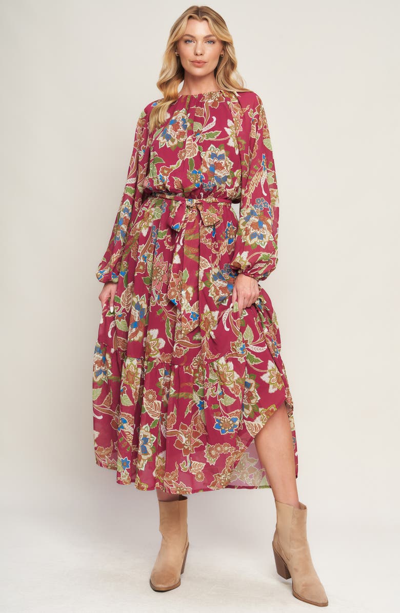 FLYING TOMATO Print Long Sleeve Maxi Dress, Alternate, color, Merlot