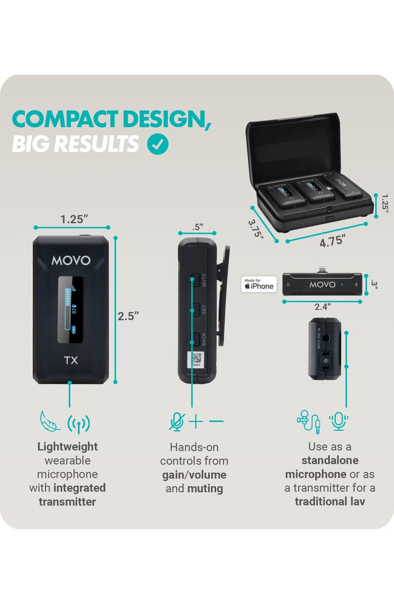 MOVO WMX-2-L-DUO Dual Wireless Lavalier Microphone with Charging Case for iPhone 14 and below, Alternate, color, Black