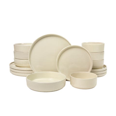 Highspire 16 Piece Embossed Stoneware Dinnerware Set for 4, Plates and Bowls