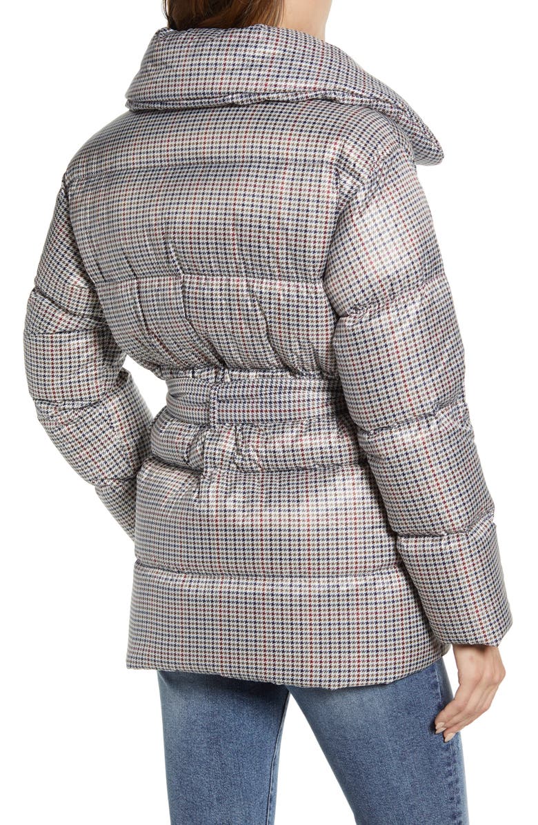 Bernardo Herringbone Print Belted Puffer Coat, Alternate, color, 