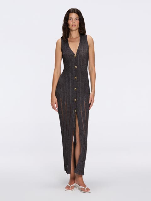 Biot Metallic Knit V-Neck Gold Button-Down Dress