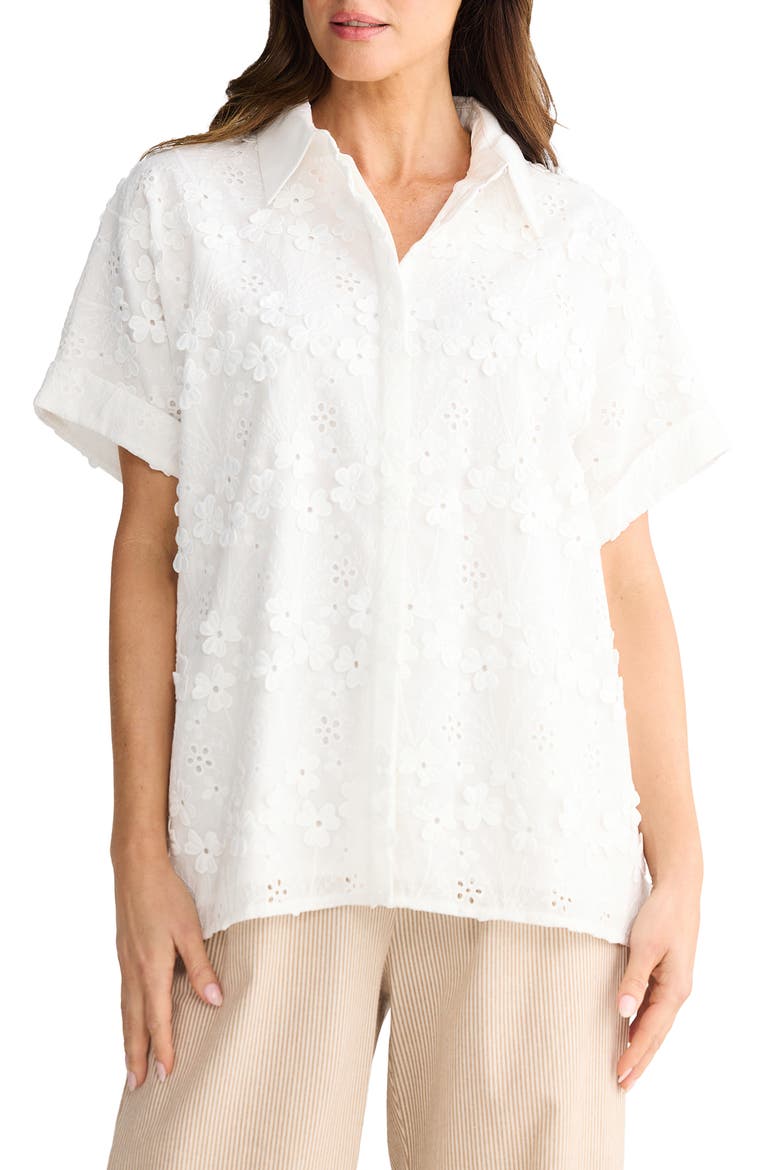 Felicity Floral Appliqué Cotton Blend Broderie Anglaise Button-Up Shirt, Main, color, WHITE