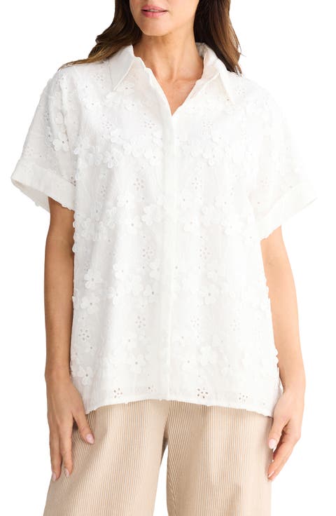 Felicity Floral Appliqué Cotton Blend Broderie Anglaise Button-Up Shirt