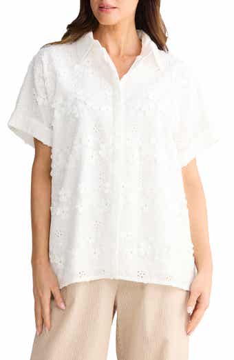 Felicity Floral Appliqué Cotton Blend Broderie Anglaise Button-Up Shirt