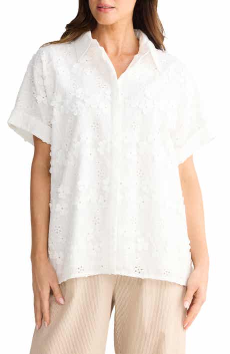 Felicity Floral Appliqué Cotton Blend Broderie Anglaise Button-Up Shirt