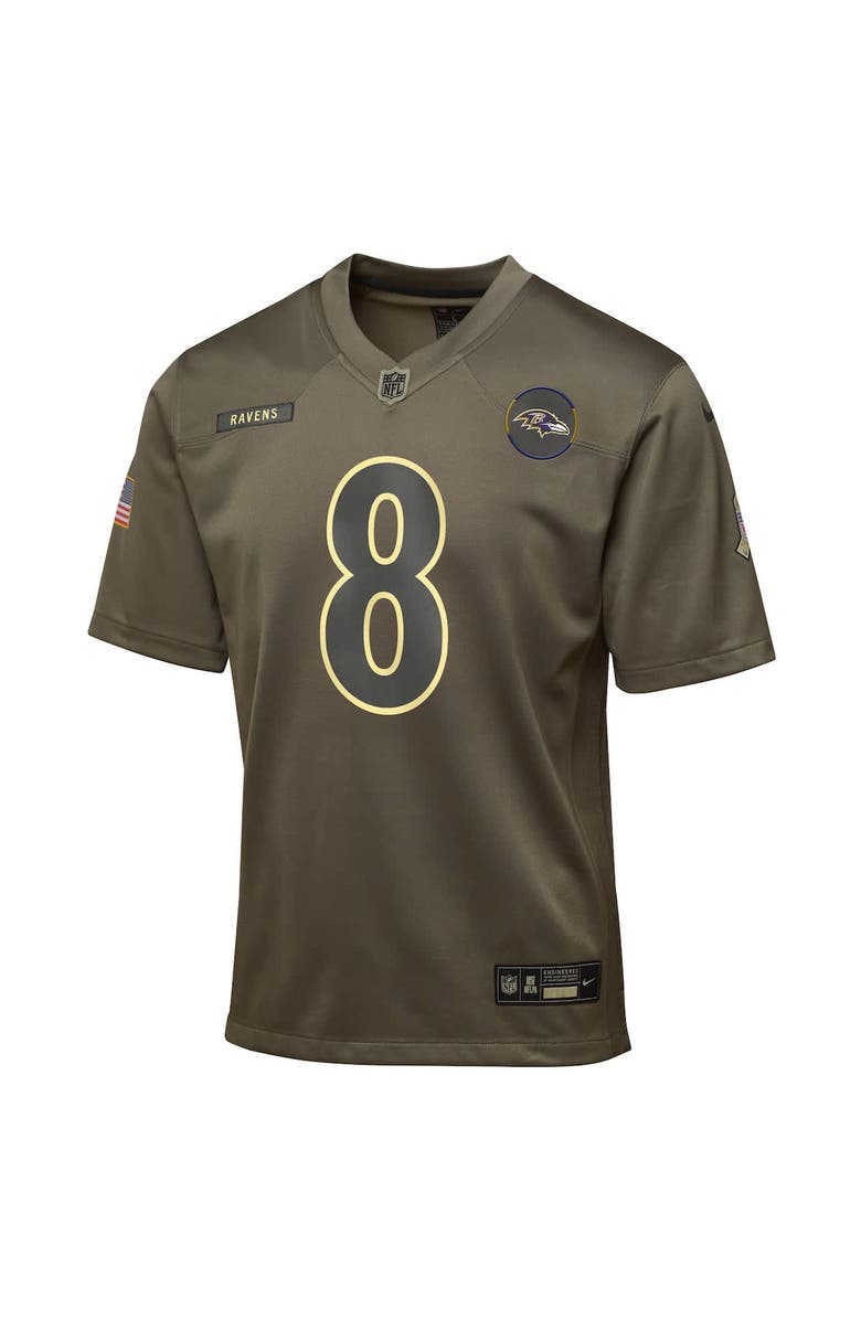 Nike Youth Nike Lamar Jackson Olive Baltimore Ravens 2025 Salute to Service Game Jersey, Alternate, color, Olive