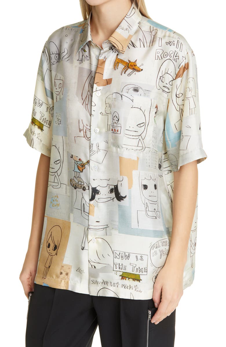 Stella McCartney x Yoshitomo Nara Ricky Print Silk Button-Up Shirt, Alternate, color,
