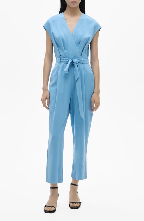 Tie Waist Faux Wrap Wide Leg Jumpsuit