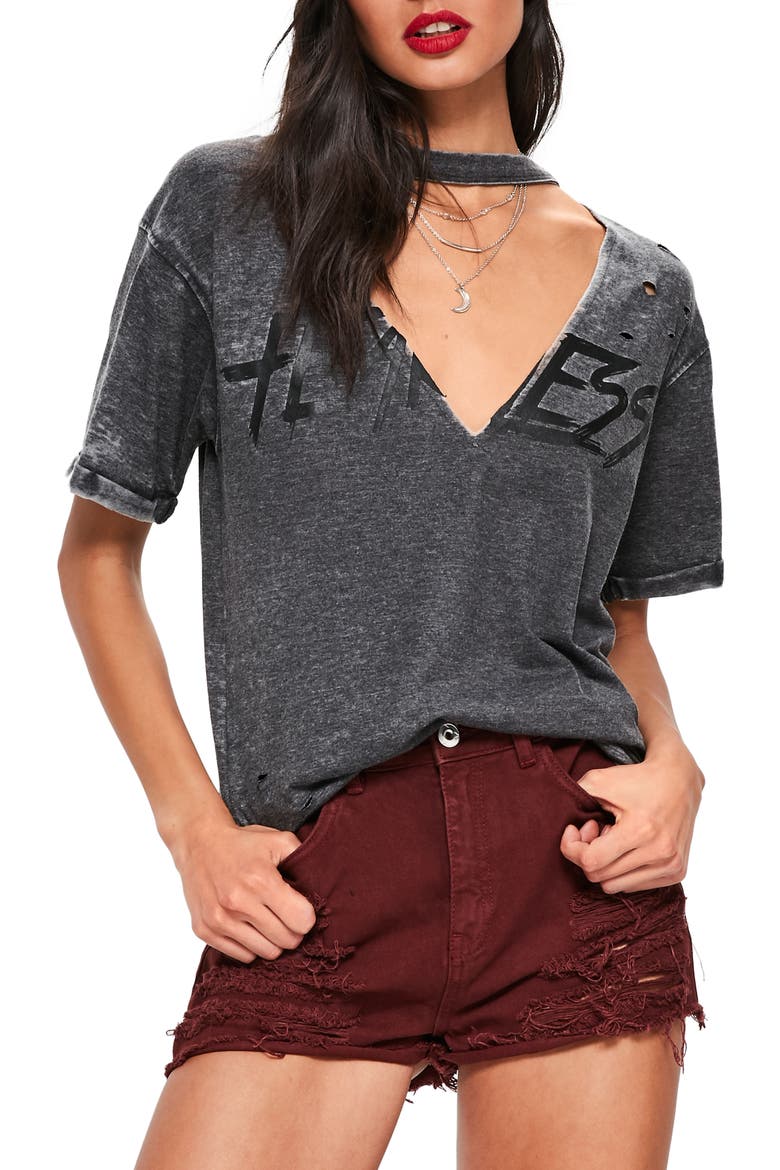 Distressed Choker Neck Graphic Tee, Main, color, GREY