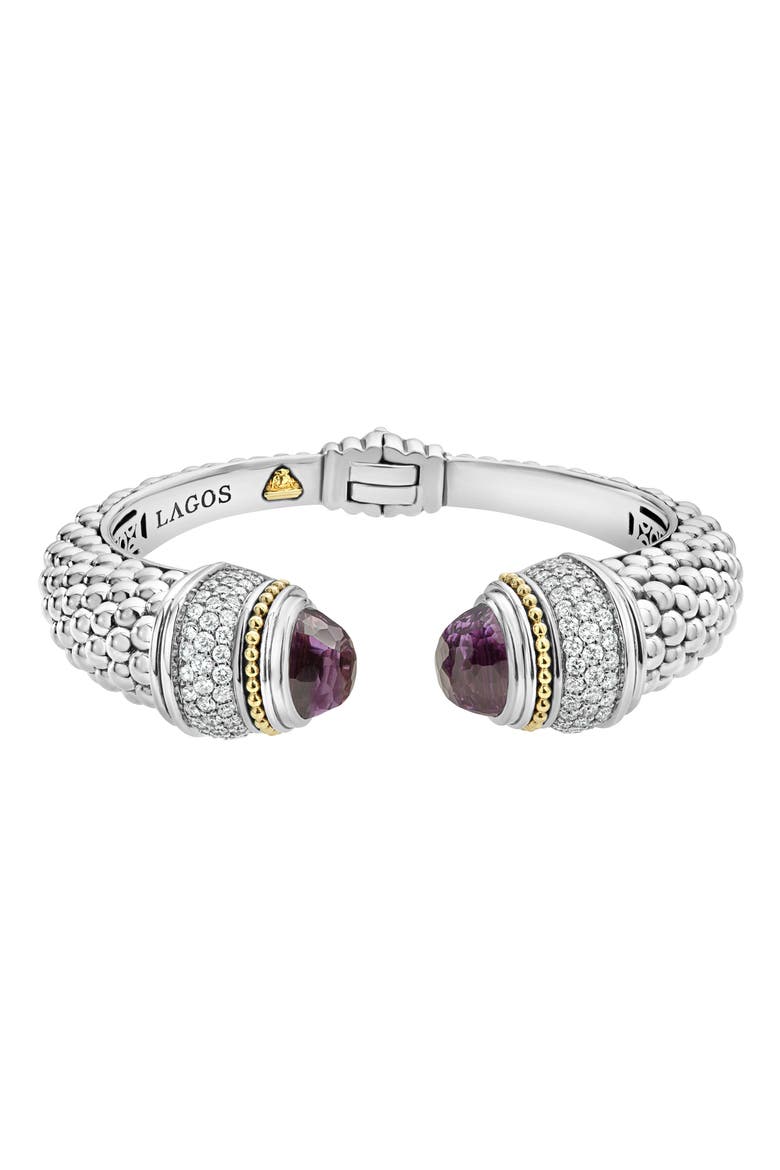 Sterling Silver & 18K Gold Caviar Diamond & Semiprecious Stone Wrist Cuff, Main, color, SILVER