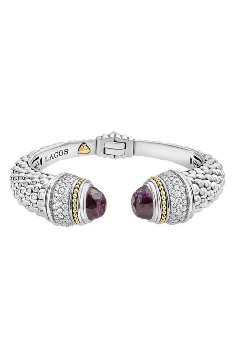 Sterling Silver & 18K Gold Caviar Diamond & Semiprecious Stone Wrist Cuff