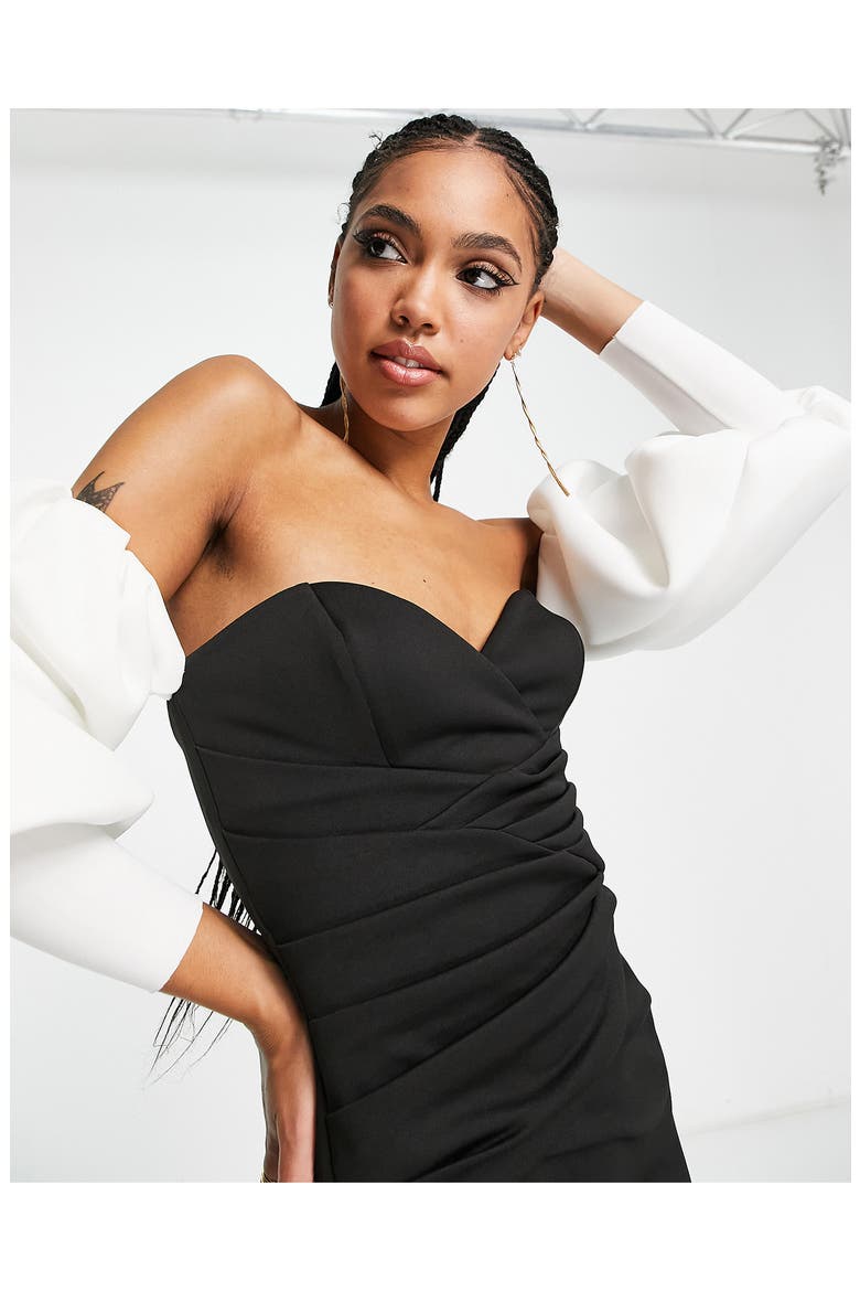 Off the Shoulder Long Sleeve Satin Gown, Alternate, color, BLACK