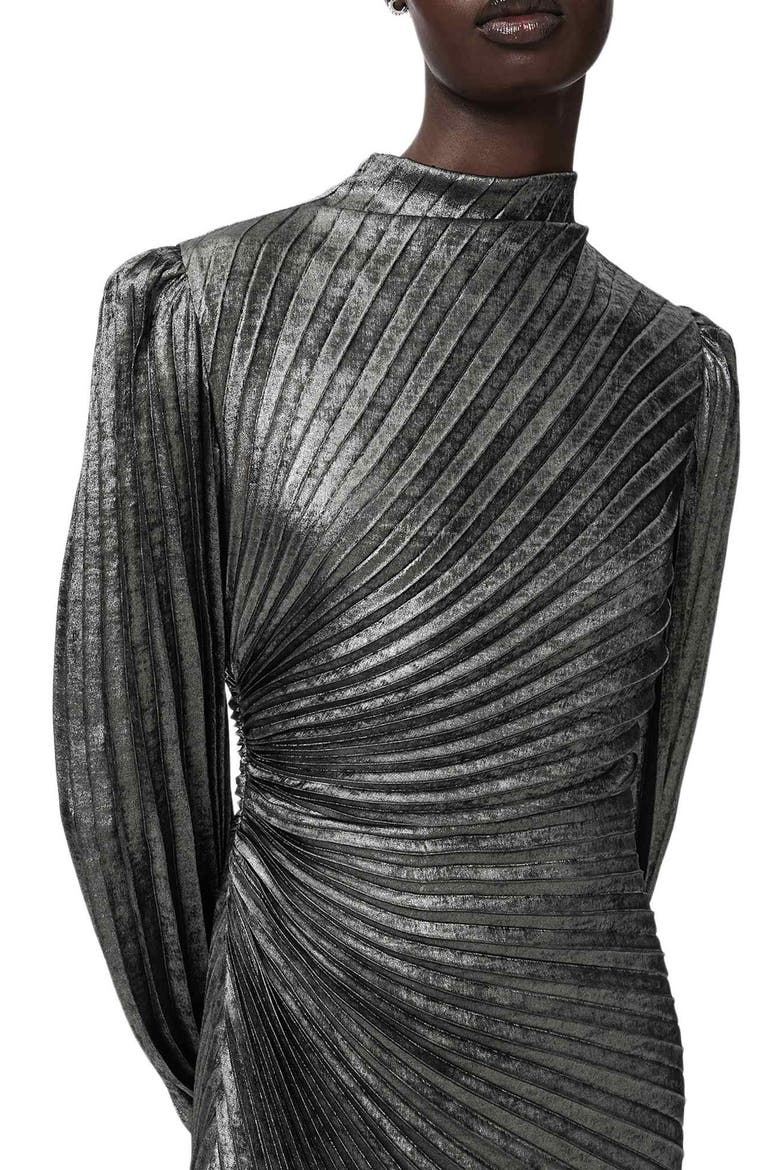 Milena Pleated Metallic Midi Dress, Alternate, color, PLATINUM SILVER