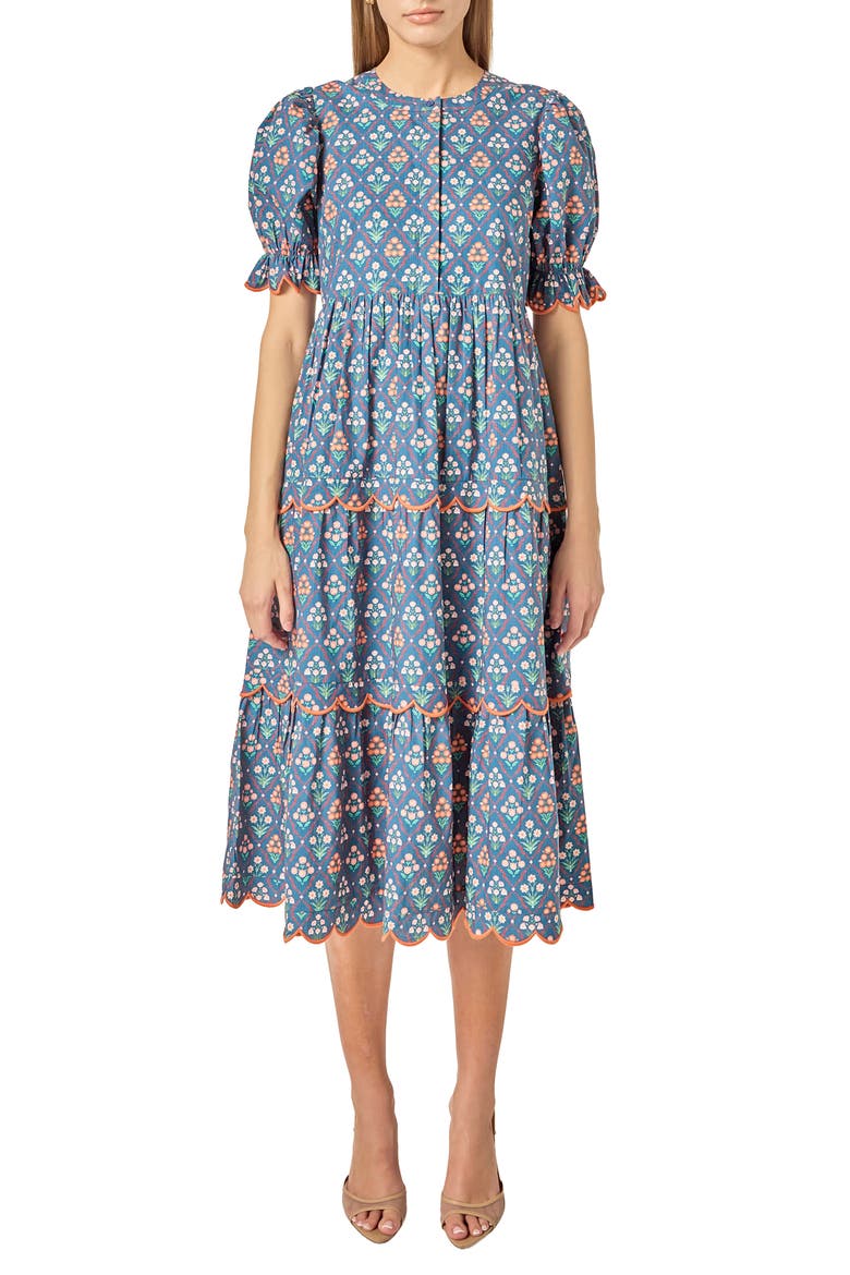 Ditsy Floral Scallop Trim Tiered Midi Dress, Main, color, NAVY MULTI