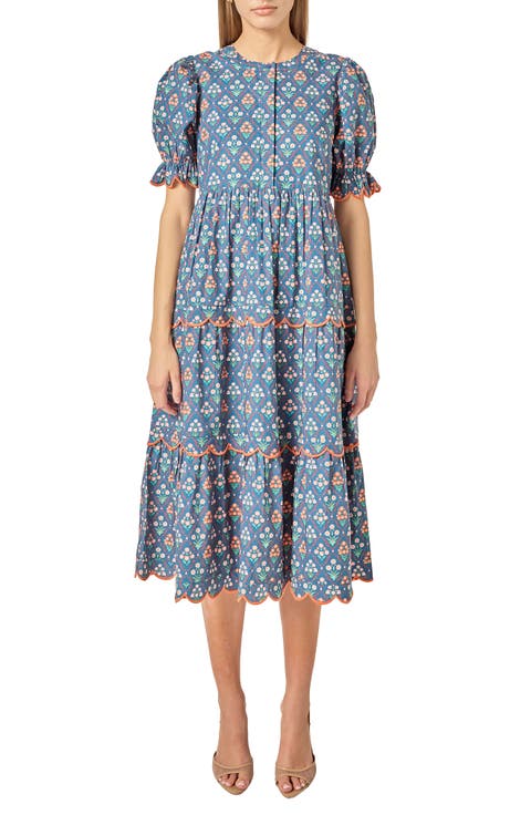Ditsy Floral Scallop Trim Tiered Midi Dress