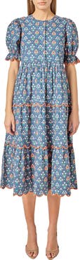 English Factory Ditsy Floral Scallop Trim Tiered Midi Dress